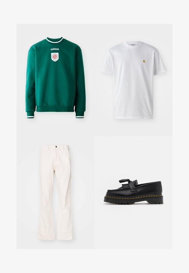 Sweatshirt vert avec col rond, accents blancs au niveau du col et des poignets, présentant un logo circulaire sur la poitrine. Fabriqué en matériau doux et texturé.; T-shirt en coton blanc à manches courtes, col rond, avec un petit logo doré sur la poitrine gauche. Texture douce et coupe régulière.; Pantalons évasés crème avec des rayures rouges verticales, dotés d'une fermeture à bouton, de poches latérales et d'un tissu lisse.; Mocassin en cuir noir avec un accent à frange, doté d'une semelle épaisse noire et d'une couture jaune le long du bord. Fini texturé.