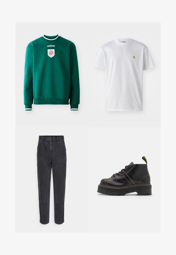 Green sweatshirt with a crew neck, white accents at collar and cuffs, featuring a circular logo on the chest. Made of soft, textured material.; White cotton t-shirt with short sleeves, crew neck, featuring a small gold logo on the left chest area. Soft texture and regular fit.; Black denim jeans with a high waist, straight-leg cut, and large front pockets. Features contrasting stitching and no visible logos.; Black ankle boots with thick, ridged sole, contrasting yellow stitching, and a pull tab at the heel. Smooth leather material.