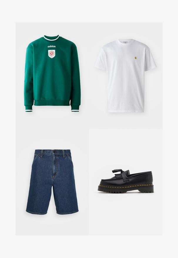 Green sweatshirt with a crew neck, white accents at collar and cuffs, featuring a circular logo on the chest. Made of soft, textured material.; White cotton t-shirt with short sleeves, crew neck, featuring a small gold logo on the left chest area. Soft texture and regular fit.; Denim shorts in dark blue with a straight cut. Features yellow stitching and a classic five-pocket design. Regular waistband and hemmed edges.; Black leather loafer with a tasseled accent, featuring a chunky black sole and yellow stitching along the edge. Textured finish.