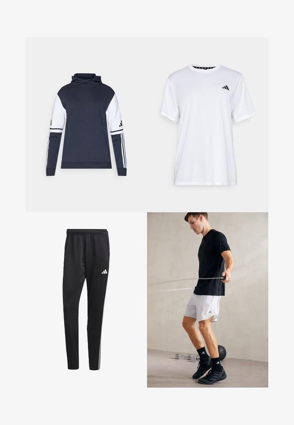 Felpa navy con maniche bianche, colletto alto e design a tre strisce sulle braccia. Realizzata in tessuto morbido, presenta una vestibilità libera.; Maglietta sportiva bianca a maniche corte, realizzata in tessuto traspirante. Presenta un logo nero sul lato sinistro del petto e un collo interno a fantasia.; Pantaloni sportivi neri con una cintura elastica, strisce laterali bianche e un piccolo logo bianco sulla coscia. Realizzati in un materiale liscio e leggero.; Maglietta sportiva nera e pantaloni corti bianchi con spacchetti laterali. L'individuo sta saltando la corda, indossando scarpe da ginnastica nere e calzini, su un pavimento liscio.