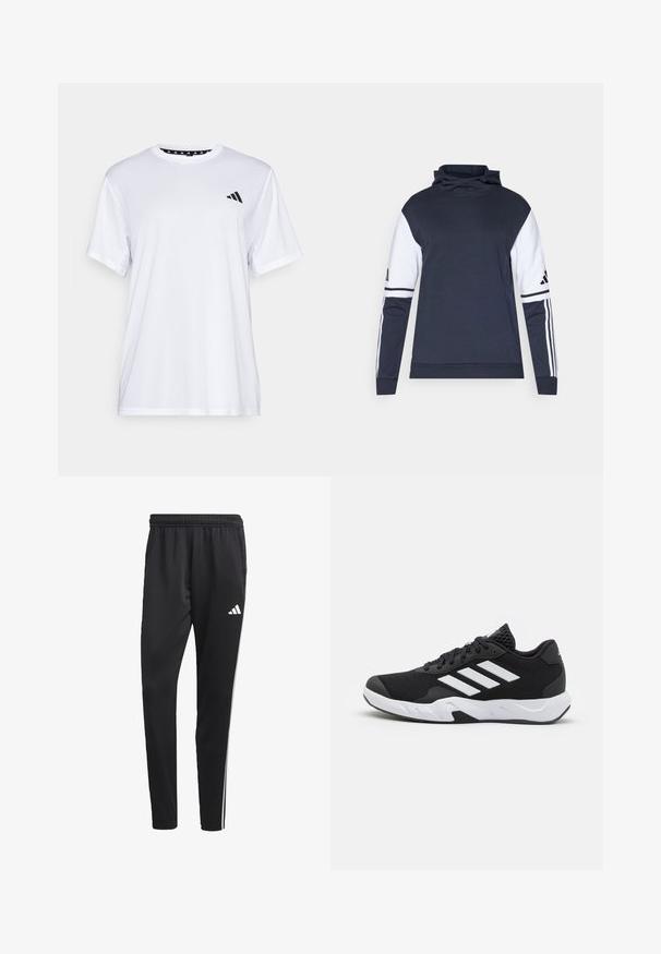 Sweatshirt azul marinho com mangas brancas, gola alta e design de três riscas nas mangas. Feito de tecido macio, com um ajuste descontraído.; Camiseta atlética branca de mangas curtas, feita de tecido que absorve a humidade. Apresenta um logótipo preto no lado esquerdo do peito e um decote interior com padrão.; Calças de treino pretas com um cós elástico, riscas laterais brancas e um pequeno logotipo branco na coxa. Feitas de um material leve e suave.; Tenis negros desportivos com um superior em malha texturizada, riscas brancas de destaque, sola acolchoada e um calcanhar reforçado para suporte.