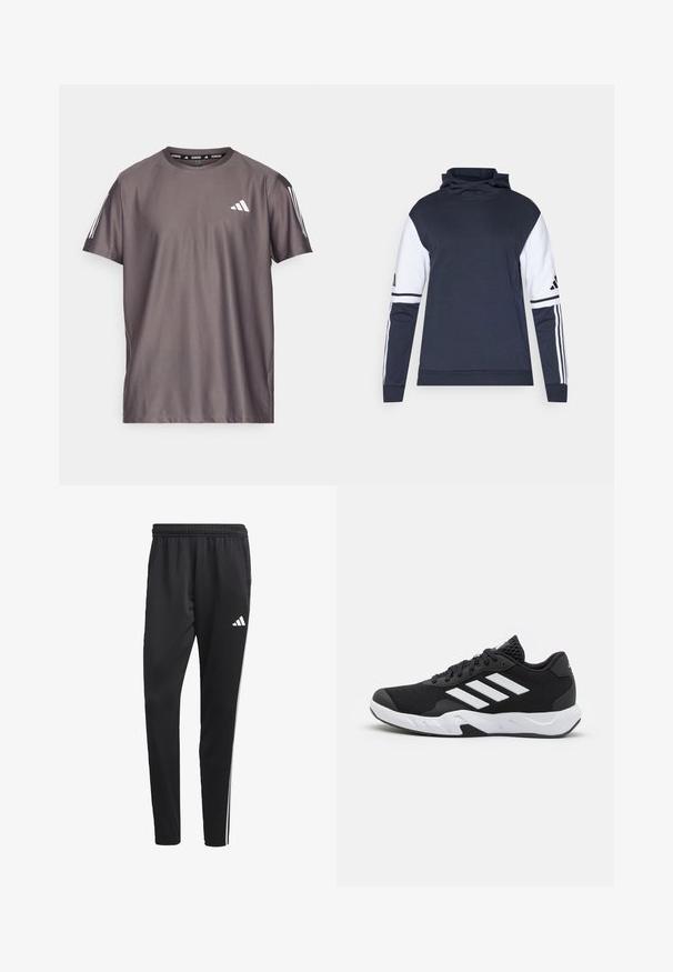 Marynarka w kolorze granatowym z białymi rękawami, wysokim kołnierzem i wzorem w trzy paski na rękawach. Wykonana z miękkiego materiału, charakteryzująca się luźnym krojem.; adidas Performance - Koszulka sportowa; Czarne spodenki sportowe z elastycznym pasem, białymi paskami po bokach i małym białym logo na udzie. Wykonane z gładkiego, lekkiego materiału.; Czarne buty sportowe z teksturowaną siateczką u góry, białymi paskami akcentującymi, amortyzującą podeszwą i wzmocnionym piętą dla wsparcia.