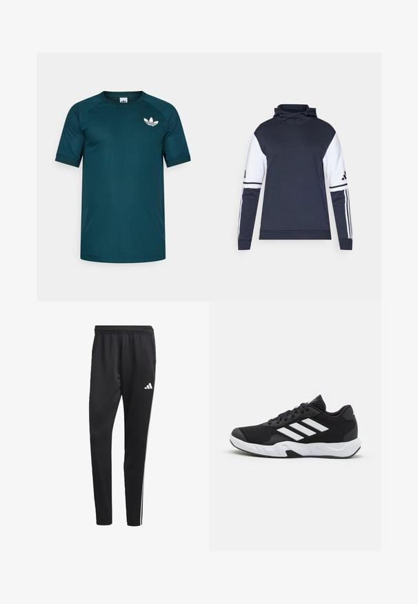 Sudadera azul marino con mangas blancas, cuello alto y diseño de tres rayas en los brazos. Hecha de tejido suave, con un corte relajado.; Camiseta atlética de color verde azulado oscuro con mangas cortas raglán. Presenta un logotipo blanco de Adidas en la parte superior izquierda del pecho. Material suave y ligero.; Pantalones deportivos negros con una cinturilla elástica, rayas laterales blancas y un pequeño logo blanco en el muslo. Fabricados con un material suave y ligero.; Zapatillas deportivas negras con una parte superior de malla texturizada, rayas de acento blancas, suela acolchada y talón reforzado para mayor soporte.