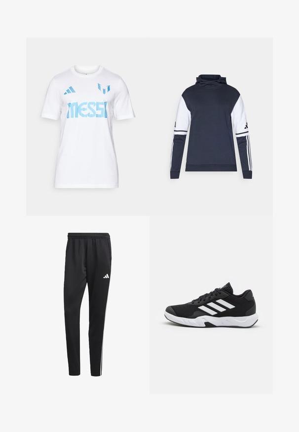 Marineblå sweatshirt med hvide ærmer, høj krave og tre-stribedesign på armene. Lavet af blødt stof, med en afslappet pasform.; Hvid bomulds t-shirt med blå "MESSI" tekst og to blå striber på skuldrene. Rund hals, korte ærmer.; Sorte træningsbukser med en strækbar talje, hvide sidelameller og et lille hvidt logo på låret. Fremstillet af et glat, let materiale.; Sorte atletiksko med en tekstureret mesh-overdel, hvide accentstriber, en polstret sål og en forstærket hæl for støtte.