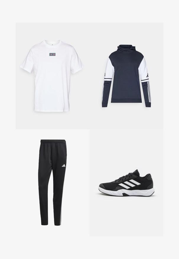 Navy sweatshirt with white sleeves, high collar, and three stripes design on the arms. Made of soft fabric, featuring a relaxed fit.; White cotton t-shirt with a crew neck. Features a rectangular logo with a red and blue design on the chest. Short sleeves. Standard fit.; Black athletic pants with a stretchy waistband, white side stripes, and a small white logo on the thigh. Made from a smooth, lightweight material.; Black athletic shoes with a textured mesh upper, white accent stripes, a cushioned sole, and a reinforced heel for support.