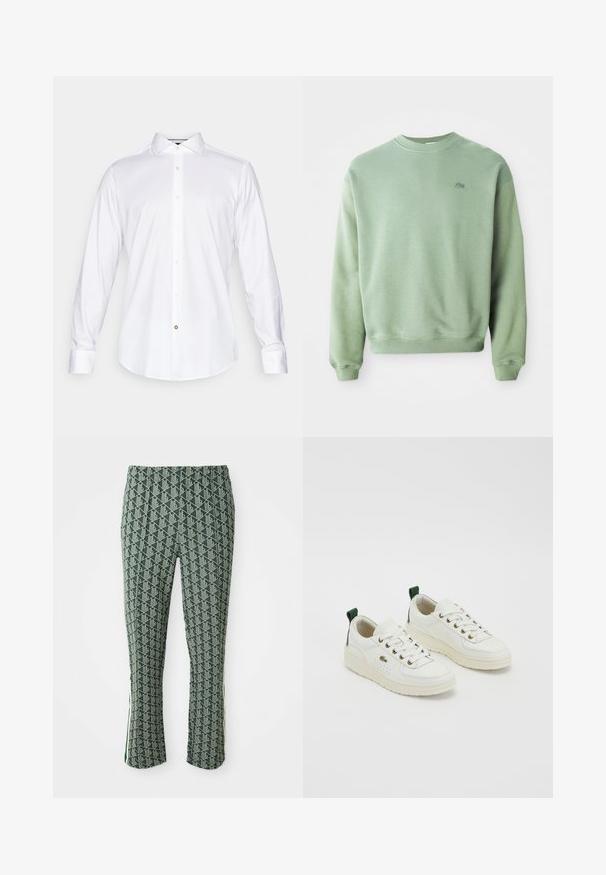 Lys grønn sweatshirt med rund hals og lange ermer, med en liten brodert krokodillelogo på venstre bryst.; Hvit langermet skjorte laget av glatt stoff, med klassisk krage, knappelengde foran og avrundet nederkant med en liten knappedetalj.; Grønne slim-fit bukser med hvitt geometrisk mønster og sidestripe, vist mot en hvit bakgrunn.; Hvite lær sneakers med grønne detaljer, snørebånd-design, gulløyer og teksturerte paneler. Tykk kremfarget gummisåle.