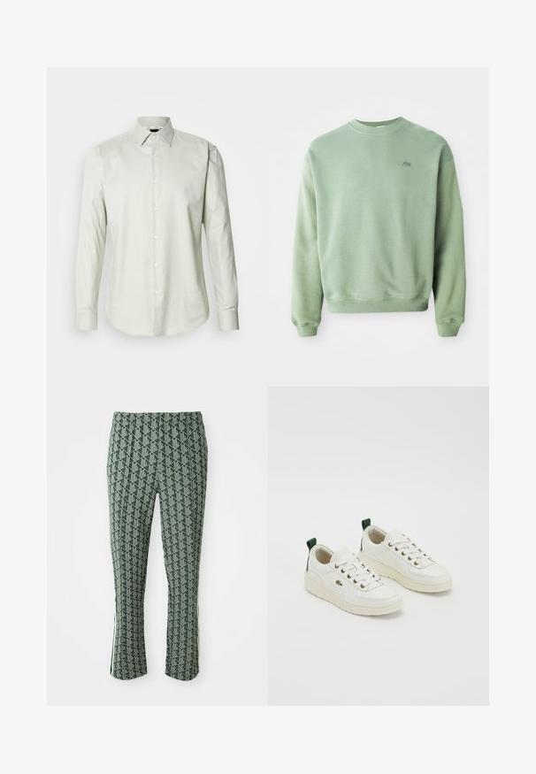 Felpa verde chiaro con collo a giro e maniche lunghe, dotata di un piccolo logo di coccodrillo ricamato sul lato sinistro del petto.; Camicia a maniche lunghe verde chiaro con colletto strutturato, tessuto semplice e patta frontale con bottoni bianchi.; Pantaloni slim-fit verdi con motivo geometrico bianco e dettagli con strisce laterali, esposti su uno sfondo bianco.; Sneakers in pelle bianca con dettagli verdi, design con lacci, occhielli dorati e pannelli testurizzati. Suola in gomma spessa color crema.