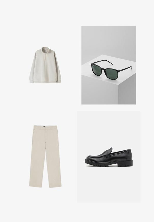 Jasnoszara bluza z wysokim kołnierzem, pół-zapięciem z przodu i elastycznymi mankietami. Miękka tkanina i luźny krój.; Biała bawełniana koszulka z krótkim rękawem, okrągłym dekoltem i luźnym krojem. Gładka struktura bez widocznych wzorów czy akcentów.; Beżowe spodnie o szerokich nogawkach z gładką teksturą, z paskami do pasa, dwiema przednimi kieszeniami i zapięciem na zamek błyskawiczny. Minimalistyczny design.; Czarne skórzane mokasyny z okrągłym nosałem, wsuwanym fasonem i grubą gumową podeszwą z teksturowanym uchwytem. Podwyższona pięta i subtelne detale przeszycia.; Czarne prostokątne okulary przeciwsłoneczne z ciemnozielonymi soczewkami, wyposażone w lekką plastikową oprawę i srebrne akcenty na zausznikach.; Metalowy zegarek kwarcowy z czarną tarczą, białymi cyframi i wyświetlaczem daty. Posiada stalową bransoletę i odporność na wodę do 100m.
