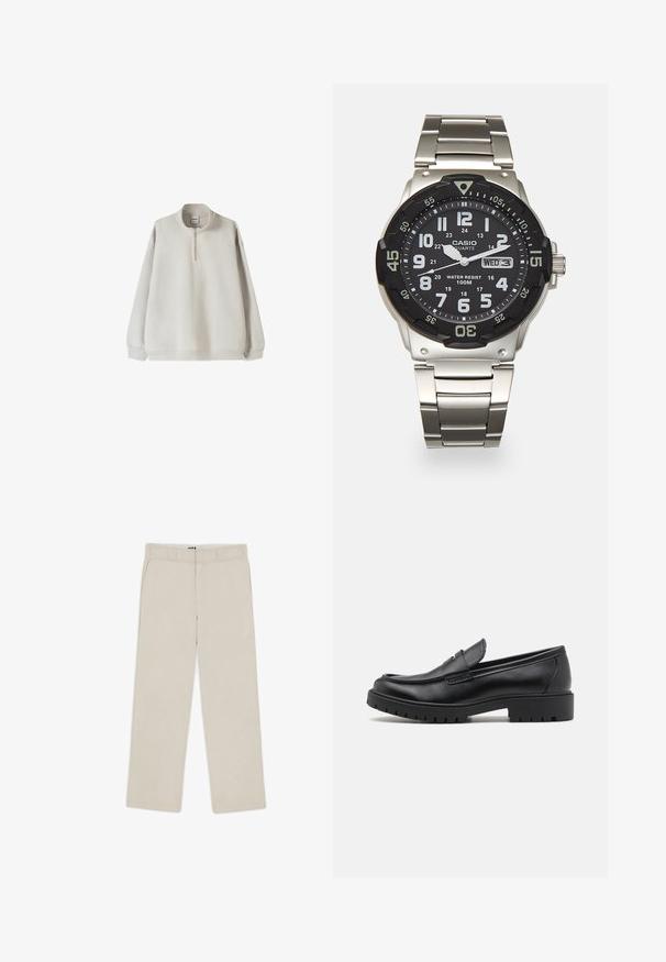 Svijetlosivi pulover s visokim ovratnikom, prednjim zatvaračem na pola i elastičnim rukavima. Mekani materijal i opušteni kroj.; Bijela pamučna majica kratkih rukava, s okruglim izrezom i opuštenim krojem. Glatka tekstura bez vidljivih uzoraka ili ukrasa.; Bež hlače širokih nogavica s glatkom teksturom, s petljama za remen, dva prednja đepa i zatvaranjem na patentni zatvarač. Minimalistički dizajn.; Crne kožne loferice s okruglim vrhom, jednostavnim dizajnom za obuvanje i debelim gumiranim đonom s teksturiranim gripom. Povišeni potplat i diskretni detalji šivanja.; Metalni kvarcni sat s crnim licem, bijelim brojkama i prikazom datuma. Ima čeličnu narukvicu i vodootpornost do 100m.