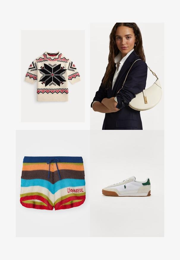 Strikket sweater lavet af cremefarvet stof med korte ærmer, prydet med sorte og røde geometriske mønstre og et stort stjernesymbol på forsiden.; Strikshorts med horisontale striber i blå, orange, brun, turkis, creme, grøn og rød, med en marineblå snor og rød "Dsquared2" logo.; Hvide sneakers med grønne accenter, lavet af ruskind og tekstilmaterialer, rund tå, struktureret gummisål og broderet logo på siden.; Hvid læderhandbag med en buet form, guldfarvet hardware og en tekstureret overflade, båret over en mørk blazer og hvid skjorte.