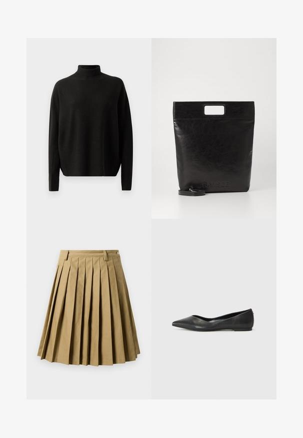 Černý dlouhý rukáv turtleneck svetr s volným střihem, vystavený na jednobarevném bílém pozadí.; Khaki skládací sukně vyrobená z bavlněné směsi, s vypasovaným pasem a poutky na pásek, se rozšířeným střihem končící nad kolenem.; Černé kožené baleríny s špičatou špičkou, nízkým podpatkem a hladkým povrchem. Minimální design s jemným bočním akcentem.; Černá kožená taška přes rameno se čtvercovou rukojetí, s texturovaným povrchem a embosovaným logem. Obsahuje odnímatelný popruh.