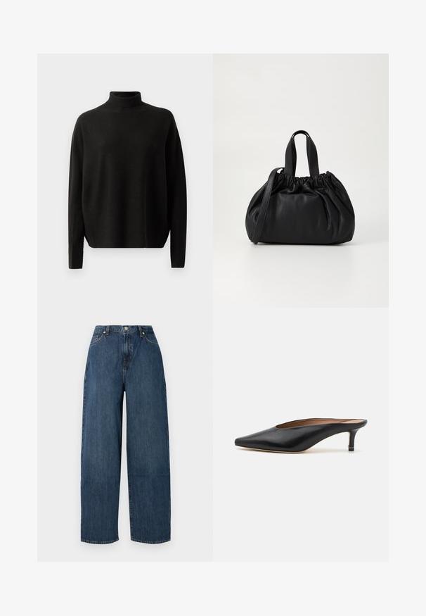 Zwarte lange mouwen turtleneck trui met een relaxed fit, gepresenteerd tegen een effen witte achtergrond.; Brede-denim jeans in donkerblauw. Gemaakt van stevig katoen met een gladde textuur. Voorzien van een knoopsluiting en een klassiek vijf-pocket ontwerp.; Zwarte leren muiltjes met een puntige neus en een lage, blokhak. Glad oppervlak met een gestroomlijnd ontwerp. Open achterkant met minimale details.; Zwarte leren handtas met een geplooid ontwerp aan de bovenkant, voorzien van twee korte handvatten en een lange verstelbare schouderband. Gladde textuur, ronde vorm.