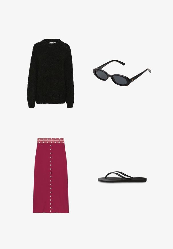 Černý texturovaný svetr s kulatým výstřihem a dlouhými rukávy. Měkká, huňatá látka s volným střihem, vhodná pro každodenní nošení.; Bordó midi sukně s vzorovaným pasem, se zdobnými knoflíky vpředu. Vyrobena z měkké látky s mírným elastickým efektem.; Černé žabky s texturovanou gumovou podrážkou, dvěma štíhlými popruhy a jemným, embosovaným logem na popruhu.; Černé oversized sluneční brýle s oválnými čočkami, hladkým plastovým rámem a zlatými akcenty na spáncích. Tmavé čočky poskytují ochranu před sluncem.