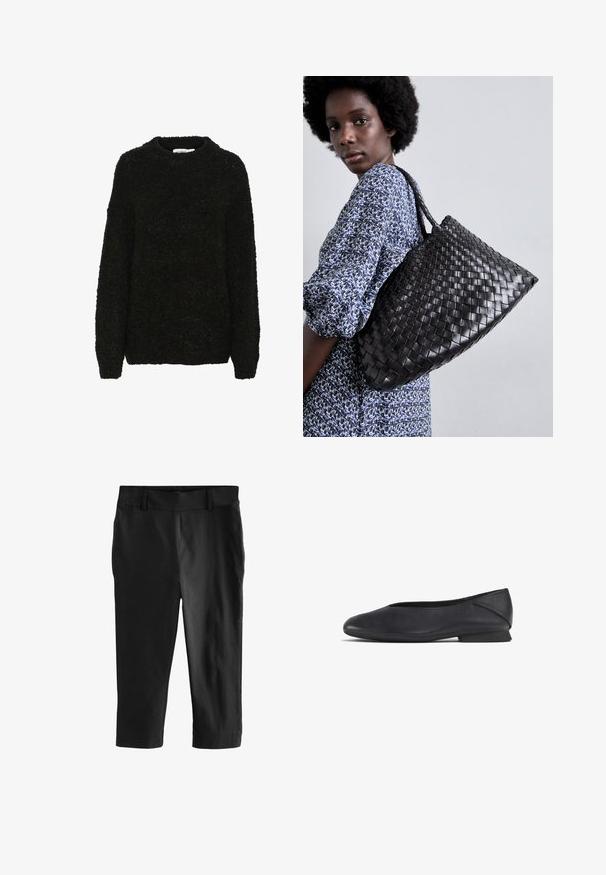 Zwarte, gestructureerde trui met een ronde halslijn en lange mouwen. Zacht, pluizig materiaal met een ruime pasvorm, geschikt voor casual draag.; Zwarte cropped broeken met een zachte textuur. Beschikt over een vlakke tailleband en geen zichtbare zakken, ontworpen voor een getailleerde pasvorm.; Zwarte leren platte schoen met ronde teen en lage hak, ontworpen voor casual of formele gelegenheden.; DRAGON DIFFUSION SANTA CROCE BIG - Handtas - black