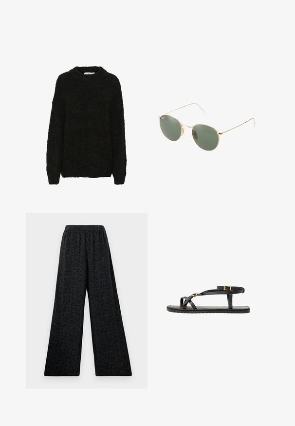 Črn, teksturiran pulover z okroglim izrezom in dolgimi rokavi. Mehka, puhasta tkanina ohlapnega kroja, primerna za sproščeno nošenje.; Črne široke hlače z elastičnim pasom, ki imajo subtilen cvetlični vzorec, obrobe v temnejši barvi. Gladka tekstura tkanine.; Črne usnjene sandale s tankimi naramnicami in zaponko okoli gležnja. Ravna podplat s teksturirano površino in cik-cak robom. Minimalističen dizajn.; Zlate sončne očala z zelenimi lečami, okrogle oblike, tanke ročice in bele plastične podrobnosti na konicah ročic.; Črna prešita usnjena torbica z nabranim vrhom, zlatim verižnim naramnikom in pravokotno obliko, držana na enolični podlagi.