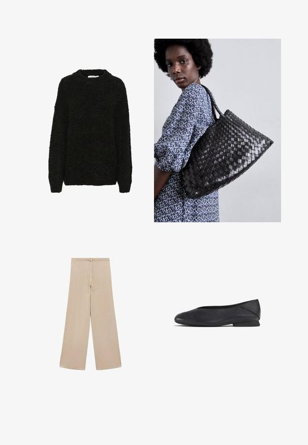 Zwarte, gestructureerde trui met een ronde halslijn en lange mouwen. Zacht, pluizig materiaal met een ruime pasvorm, geschikt voor casual draag.; Beige wijde broek gemaakt van zachte stof, met een verstelbare tailleband en een gladde textuur, zonder patronen of extra hardware.; Zwarte leren platte schoen met ronde teen en lage hak, ontworpen voor casual of formele gelegenheden.; DRAGON DIFFUSION SANTA CROCE BIG - Handtas - black