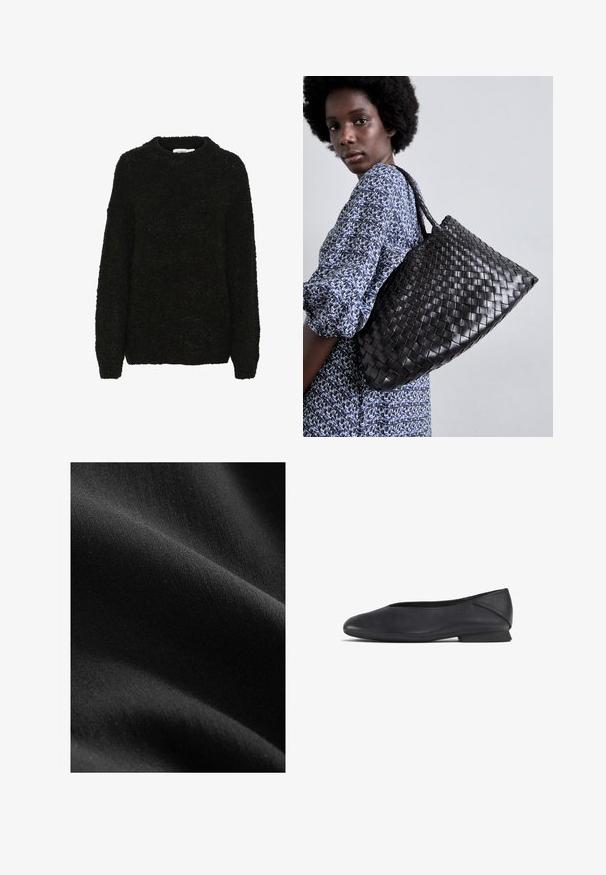 Črn, teksturiran pulover z okroglim izrezom in dolgimi rokavi. Mehka, puhasta tkanina ohlapnega kroja, primerna za sproščeno nošenje.; Črna tkanina z gladko, mat teksturo, ki prikazuje subtilne razlike v odtenkih in vlaknih, razpeta tako, da razkrije mehke krivine in globino.; Črne usnjene balerinke z zaobljenim nosom in nizko peto, zasnovane za vsakodnevno ali formalno nošenje.; DRAGON DIFFUSION SANTA CROCE BIG - Torbica - black