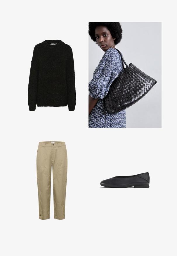 Fekete, textúrált pulóver kerek nyakkivágással és hosszú ujjakkal. Puha, bolyhos anyag, laza szabású, alkalmas hétköznapi viseletre.; Beige, könnyű anyagú, egyenes szabású nadrág, oldalsó zsebekkel és gombos díszítéssel az alján, amely állítható illeszkedést és stílust biztosít.; Fekete bőr lapossarkú cipő, kerek orral és alacsony sarkával, amely akár hétköznapi, akár formális viseletre készült.; DRAGON DIFFUSION SANTA CROCE BIG - Kézitáska - black