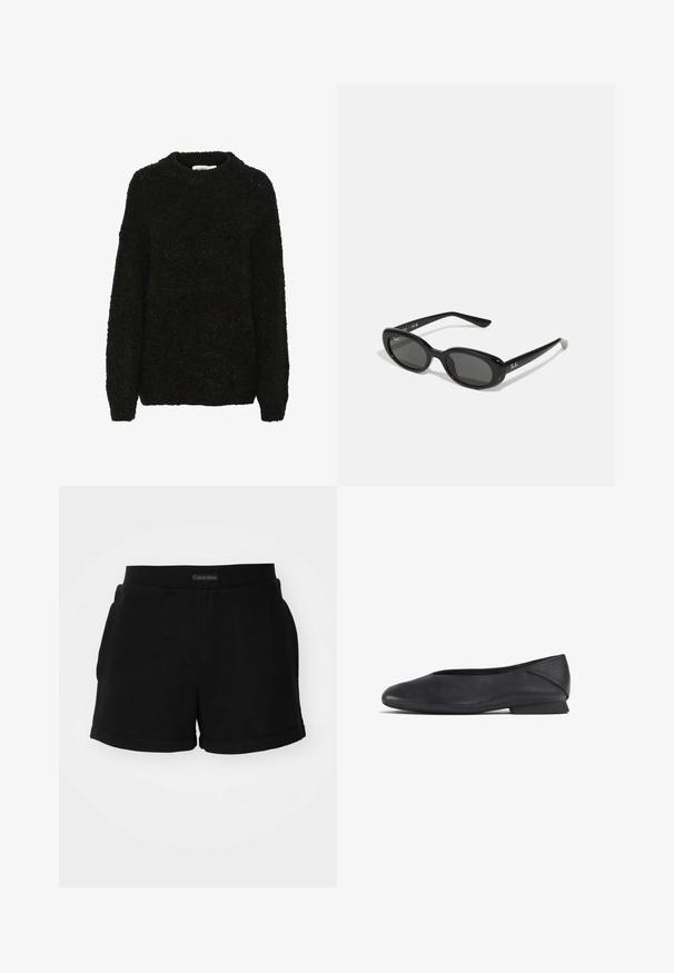 Črn, teksturiran pulover z okroglim izrezom in dolgimi rokavi. Mehka, puhasta tkanina ohlapnega kroja, primerna za sproščeno nošenje.; Črne bombažne kratke hlače z rebrastim pasom, stranskimi žepi in zaobljenim robom. Logotip je prikazan na pasu.; Črne usnjene balerinke z zaobljenim nosom in nizko peto, zasnovane za vsakodnevno ali formalno nošenje.; Črne sončne očala z ovalnimi lečami, sijajnim plastičnim okvirjem in tankimi ročaji. Na strani se nahaja belo logotip Ray-Ban.; DRAGON DIFFUSION SANTA CROCE BIG - Torbica - black
