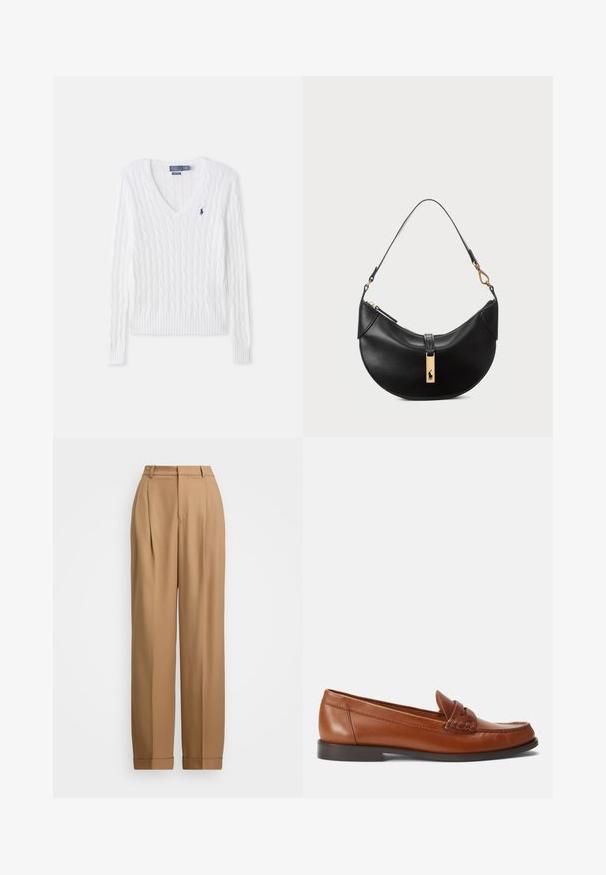 White cable-knit sweater with a V-neckline, ribbed cuffs and hem, and a small navy logo on the left chest. Made from a soft fabric.; Light blue button-up shirt with long sleeves and a white contrasting collar. Features a smooth texture and five front buttons.; Beige tailored trousers with a high waist, pleated front, tapered legs, and rolled cuffs. Smooth fabric with a refined texture.; Polo Ralph Lauren CALFSKIN PENNY LOAFER - Slip-ons - brown; Black leather handbag in a half-moon shape. Features a gold hardware accent and a narrow strap. Smooth texture, zipper closure at the top.