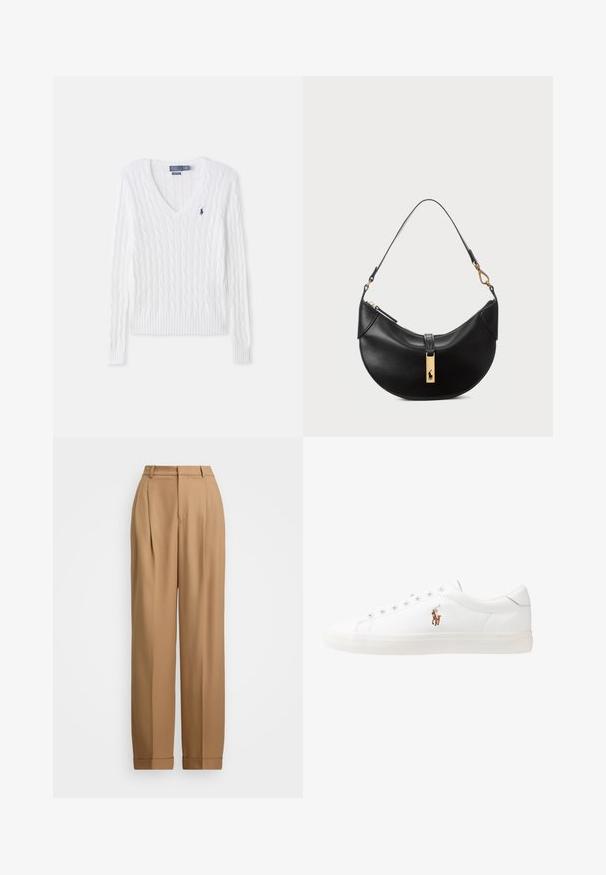 White cable-knit sweater with a V-neckline, ribbed cuffs and hem, and a small navy logo on the left chest. Made from a soft fabric.; Light blue button-up shirt with long sleeves and a white contrasting collar. Features a smooth texture and five front buttons.; Beige tailored trousers with a high waist, pleated front, tapered legs, and rolled cuffs. Smooth fabric with a refined texture.; White leather sneakers, low-top design, featuring a smooth texture, round toe, laced front, and a small embroidered logo on the side.; Black leather handbag in a half-moon shape. Features a gold hardware accent and a narrow strap. Smooth texture, zipper closure at the top.