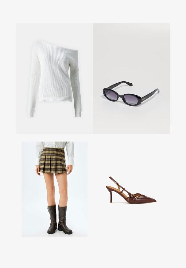 Off-shoulder hvid sweater lavet af ribbet strikket stof, med langeærmer, en tætsiddende kant og et struktureret mønster over hele stoffet.; Brunternetterskørt i tern med plisseringer, i brun, beige og grønne nuancer, kombineret med tætsiddende brune knæhøje støvler med spænder og en struktureret overflade.; Brune læderslyngehæle med spidse tæer, tynde stiletto hæle og guld hardware detaljer. Har krydsseler henover foden.; Sorte ovale solbriller med gradient lilla linser. Blank plastikramme og -arme. Guld logo på venstre arm.; Sort læder hobo taske med en blød, buet form. Har en bred toprem og rynker i bunden for en afslappet struktur.