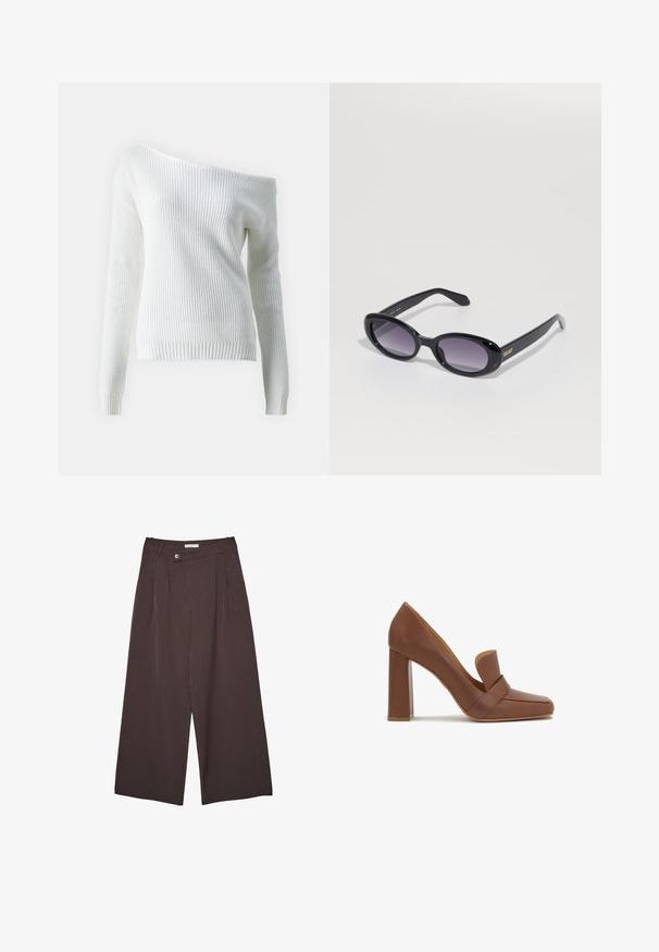 Maglione bianco off-shoulder realizzato in tessuto a costine, con maniche lunghe, orlo aderente e un motivo testurizzato in tutte le parti.; Pantaloni brown a righe larghe con vita abbottonata e passanti per cintura, esposti piatti su uno sfondo bianco.; Scarpa con tacco alto in pelle marrone, con punta quadrata e una larga fascia sulla parte anteriore. Il tacco è a blocco e solido.; Occhiali da sole neri a forma ovale con lenti graduate viola. Montatura e aste in plastica lucida. Logo dorato sulla asta sinistra.; Borsa hobo in pelle nera con una forma morbida e curvata. Presenta un ampio manico superiore e pieghe alla base per una texture morbida.