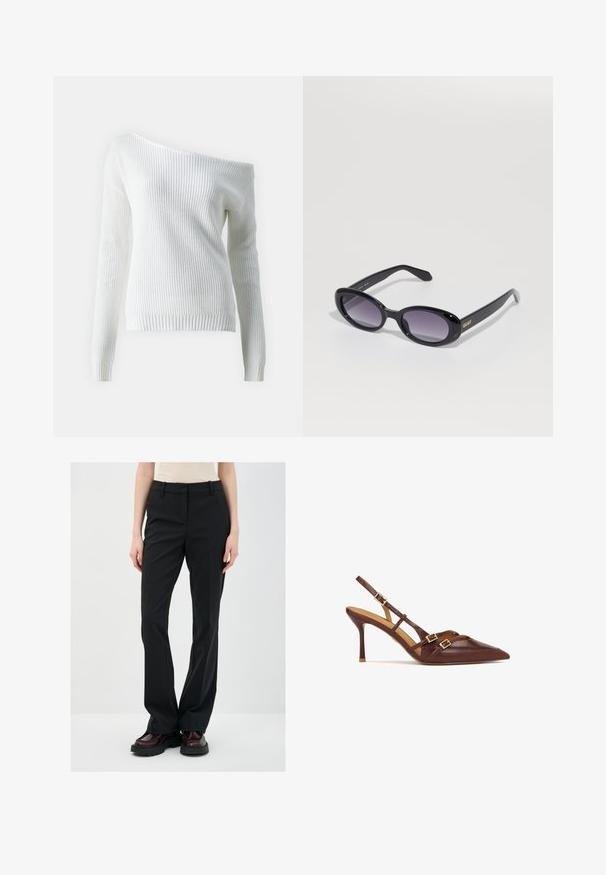 Bílý svetr bez ramenních švů vyrobený z žebrovaného úpletu, s dlouhými rukávy, přiléhavým lemem a strukturovaným vzorem po celém povrchu.; Černé kalhoty na míru se střihovanými nohavicemi, vyrobené z hladkého materiálu. Obsahují místa na pásek a plochý přední díl. V kombinaci s tmavými botami.; Hnědé kožené sandály na podpatku s úzkým špičatým špičkem a zlatými kovovými akcenty. Obsahují křížové popruhy přes nohu.; Černé oválné sluneční brýle s gradientovými fialovými skly. Lesklý plastový rám a nožičky. Zlaté logo na levé nožičce.; Černá kožená hobo taška s měkkým, zakřiveným tvarem. Obsahuje široké horní ucho a na základně se shromažďuje, což vytváří uvolněnou texturu.
