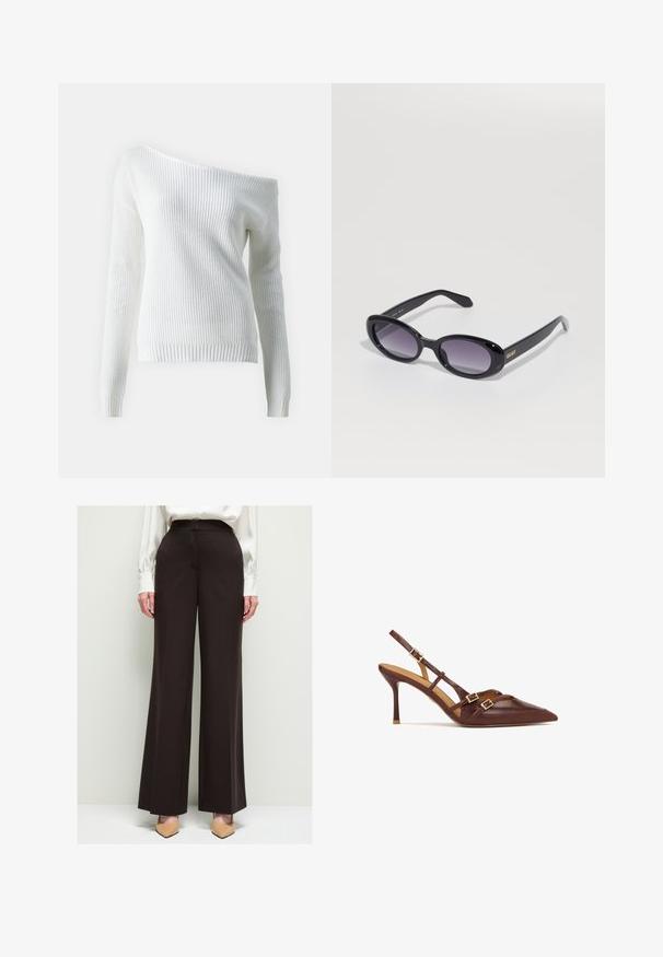 Weißer Off-Shoulder-Pullover aus geripptem Strickstoff, mit langen Ärmeln, einem taillierten Saum und einem strukturierten Muster im gesamten Design.; adL WIDE LEG  - Stoffhose - brown; Braune Leder-Slingback-Absätze mit spitzem Zehenbereich, dünnem Stiletto-Absatz und goldenen Hardware-Akzenten. Mit über Kreuz verlaufenden Riemen über dem Fuß.; Schwarze ovale Sonnenbrille mit gradierten lila Gläsern. Glänzendes Kunststoffgestell und -bügel. Goldenes Logo am linken Bügel.; Schwarze Leder-Hobo-Tasche mit einer weichen, geschwungenen Form. Sie verfügt über einen breiten Oberhandgriff und Falten an der Basis für eine lässige Textur.