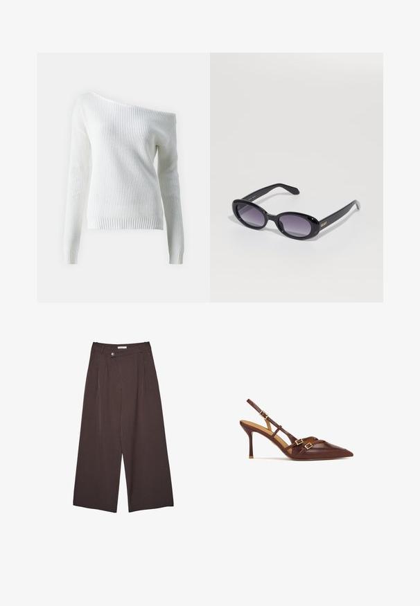 Off-shoulder hvid sweater lavet af ribbet strikket stof, med langeærmer, en tætsiddende kant og et struktureret mønster over hele stoffet.; Brune bukser med brede ben og fine striber, med en knappet talje og bæltestropper, præsenteret fladt på en hvid baggrund.; Brune læderslyngehæle med spidse tæer, tynde stiletto hæle og guld hardware detaljer. Har krydsseler henover foden.; Sorte ovale solbriller med gradient lilla linser. Blank plastikramme og -arme. Guld logo på venstre arm.; Sort læder hobo taske med en blød, buet form. Har en bred toprem og rynker i bunden for en afslappet struktur.