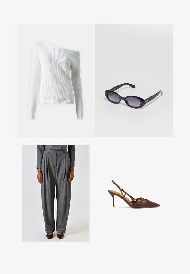 Pull blanc à épaules dénudées en maille côtelée, doté de manches longues, d'un ourlet ajusté et d'un motif texturé sur l'ensemble.; Pantalons sur mesure gris avec plis, confectionnés dans un tissu texturé. Présentent une taille haute et une coupe large, associés à des chaussures bordeaux.; Talons compense en cuir marron avec un bout pointu, un talon aiguille fin et des accents en métal doré. Présente des sangles croisées sur le pied.; Lunettes de soleil ovales noires avec des verres violets dégradés. Monture et branches en plastique brillant. Logo doré sur la branche gauche.; Sac hobo en cuir noir au forme douce et arrondie. Il présente une large poignée supérieure et des fronces à la base pour une texture décontractée.