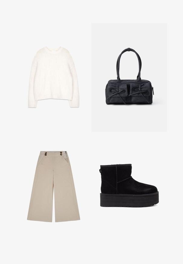 Weißer, flauschiger Pullover mit rundem Ausschnitt, langen Ärmeln und lockerer Passform. Hergestellt aus weichem, strukturiertem Stoff, mit gerippten Bündchen und Saum.; Beige weit geschnittene Cordhosen mit vertikalen Streifen, zwei Fronttaschen und zwei Knöpfen am Bund. Glatte Textur, lässige Passform.; Schwarze Wildleder-Stiefeletten mit einer dicken Plattformsohle und weichem Futter. Abgeschlossen mit Nähakzenten und einer hinteren Schlaufe für einfaches Anziehen.; Schwarze Stoffhandtasche mit zwei vorderen Taschen, die mit Schleifendetails versehen sind, doppelten Griffen und einem Reißverschluss. Weiche Textur und rechteckige Form.