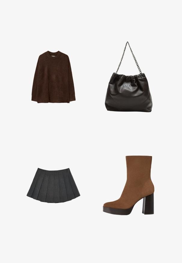 Maglione marrone a maglia con scollatura rotonda, spalle scese e una vestibilità rilassata. La texture appare morbida e pelosa, aumentando il calore.; Gonna plissettata in grigio scuro, realizzata in un tessuto testurizzato. Presenta un silhouette svasata con pieghe uniformemente distanziate e una vita piatta.; Stivale alla caviglia in suede marrone con punta arrotondata, tacco spesso a strisce nere e superficie liscia. Caratterizzato da un design aderente senza hardware visibile.; Borsa in pelle marrone con parte superiore arricciata e tracolla a catena. Texture liscia con finitura lucida e dettagli di cucitura sottili sui lati.