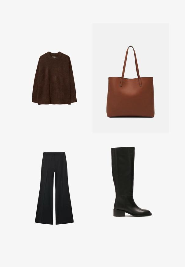 Hnedý pletený sveter s okrúhlym výstrihom, spustenými ramenami a voľným strihom. Textúra pôsobí mäkko a chlpato, čím zvyšuje teplo.; Čierne široké nohavice s hladkou textúrou, s prednými záhybmi a elegantným strihom. Materiál je ľahký a pruhlý.; Vysoká čierna kožená topánka so zaoblenou špičkou a nízkym štvorcovým podpätkom. Má hladkú textúru a jednoduchý dizajn.; Hnedá kožená taška na rameno s hladkou textúrou, otvoreným vrchom a dvoma ramenými popruhmi. Má minimálne šitia a žiadne viditeľné kovania.