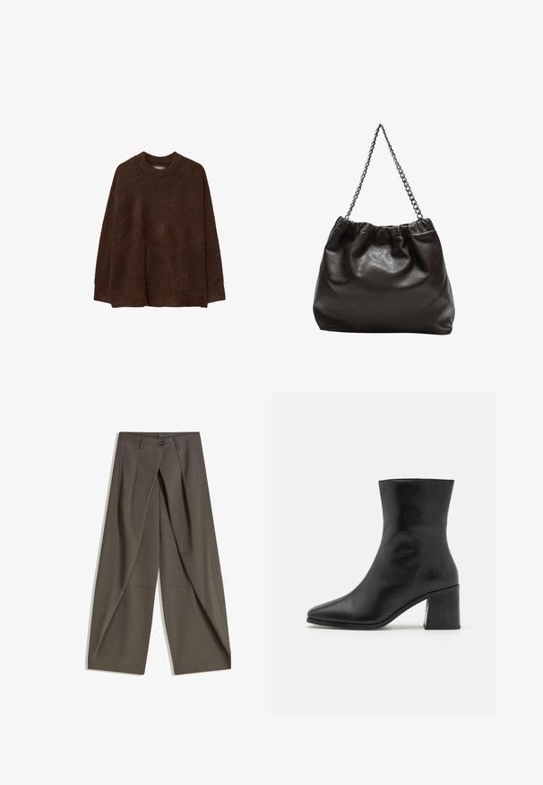 Hnědý pletený svetr s kulatým výstřihem, spadlými rameny a uvolněným střihem. Textura vypadá měkce a huňatě, což zvyšuje teplo.; Kalhoty s širokými nohavicemi vyrobené z texturované tkaniny tmavě šedé barvy. Obsahují přední záhyb, zapínání na knoflík a boční kapsy pro praktičnost.; Černé kožené kotníkové boty, špičatá špička, hladká textura, středně vysoký blokový podpatek, minimalistický design a prošívané detaily podél límce.; Hnědá kožená taška se sbíraným vrškem a řetízkovým popruhem. Hladký povrch s lesklým finišem a jemným švem na bocích.