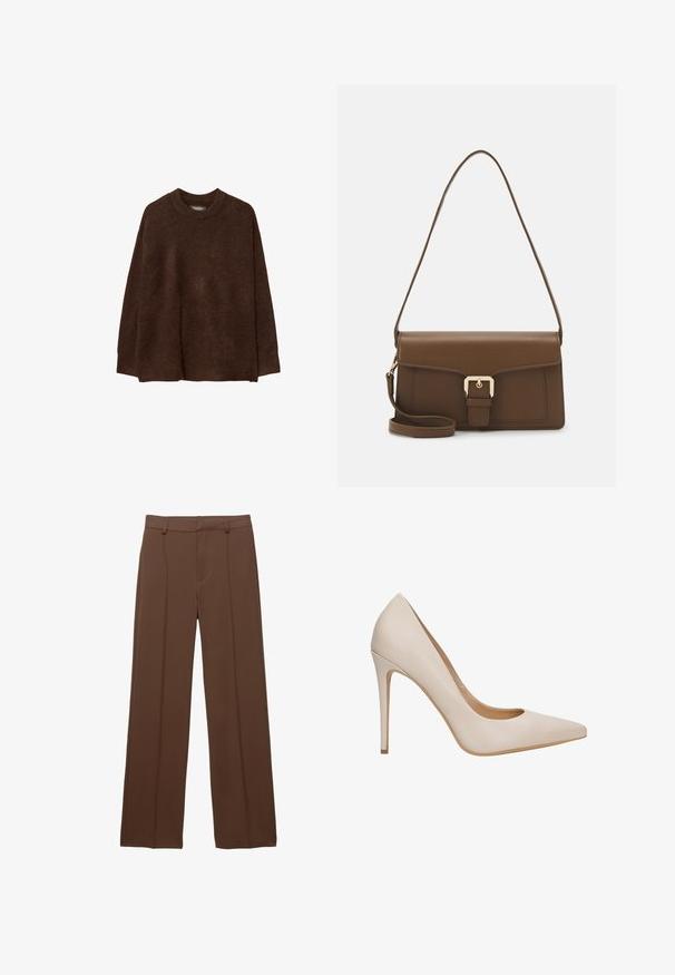 Hnědý pletený svetr s kulatým výstřihem, spadlými rameny a uvolněným střihem. Textura vypadá měkce a huňatě, což zvyšuje teplo.; Hnědé, široké nohavice vyrobené z hladké tkaniny; mají podšité přední sklady a plochý pas s poutky na opasek.; Krémově béžový lodičkový podpatek vyrobený z hladké kůže, s špičatou špičkou, jehlovým podpatkem a nízkým vystřižením po stranách.; Hnědá kožená kabelka obdélníkového tvaru s přední klopou, zlatými kovovými prvky a dlouhým nastavitelním popruhem.