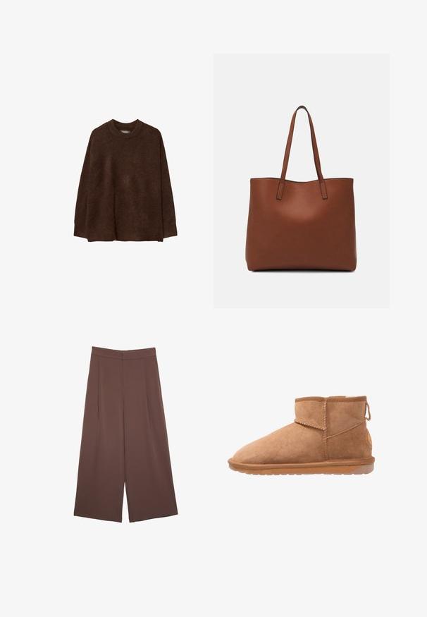 Brun strikket sweater med rund halsudskæring, sænkede skuldre og en afslappet pasform. Teksturen virker blød og fuzzy, hvilket øger varme.; Brune bredbunde bukser med en glat tekstur, der har høj talje og plisseringer foran. Stoffet er let og falder løst.; Tan ruskinds ankelstøvler med rund tå, syede sømme og gummisål. Har en trækflap bagpå for nem påtagning.; Brun læder tote taske med en glat overflade, åben topdesign og to skulderremme. Har minimal syning og ingen synlig hardware.