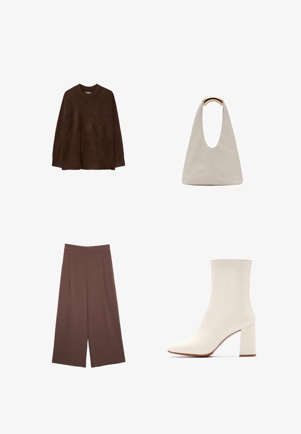 Pull en tricot marron avec un col rond, des épaules tombantes et une coupe décontractée. La texture semble douce et duveteuse, ajoutant à la chaleur.; Pantalons larges marron avec une texture lisse, dotés d'une taille haute et de plis à l'avant. Le tissu est léger et tombe de manière fluide.; Bottine blanche à bout pointu, finition en cuir lisse et talon bloc épais. Design minimaliste avec une silhouette épurée.; Sac en cuir gris clair avec un design en forme de U et une poignée métallique courbée. Texture lisse avec un minimum de coutures et sans motifs visibles.