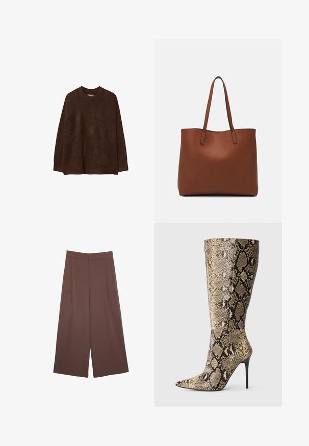 Rjav pleten pulover z okroglo ovratnico, spuščeni rameni in sproščenim krojem. Tekstura se zdi mehka in puhaste, kar povečuje toploto.; Rjave široke hlače z gladko teksturo, ki imajo visok pas in sprednje naborke. Tkanina je lahka in prosto pada.; Stiletto škornji do kolen s izostrenim nosom in bež-črnim vzorcem kače, prikazani s strani na enobarvni podlagi.; Rjava usnjena torba z gladko teksturo, odprto zasnovo zgoraj in dvema naramnima trakovoma. Opremljena je z minimalnim šivanjem in brez vidnih kovinskih delov.