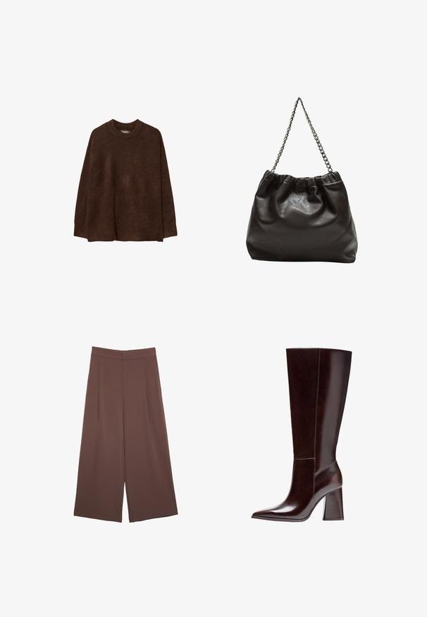 Brauner Strickpullover mit rundem Ausschnitt, überschnittenen Schultern und lockerer Passform. Die Textur wirkt weich und flauschig, was die Wärme verstärkt.; Braune Weite-Leg-Hosen mit einer glatten Textur, hoher Taille und Vorderfalten. Der Stoff ist leicht und fällt locker.; Braune Leder-Knöchelstiefel mit spitzem Zehenbereich und strukturiertem Blockabsatz. Verfügt über eine klare Linienführung und minimale Nähdetails.; Braune Lederhandtasche mit gerafftem Oberteil und Kettenriemen. Glatte Textur mit glänzendem Finish und subtilen Nahtdetails an den Seiten.