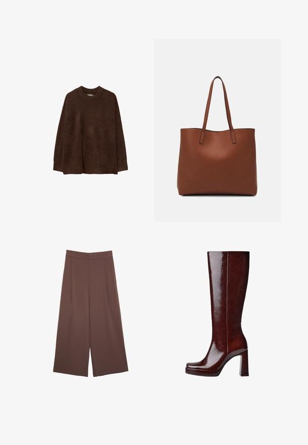 Smeđi pleteni pulover s okruglim izrezom, spuštenim ramenima i opuštenim krojem. Tekstura izgleda mekano i dlačasto, što povećava toplinu.; Smeđe hlače širokog kroja s glatkom teksturom, koje imaju visok struk i nabore sprijeda. Tkanina je lagana i slobodno se kreće.; Čizmice od sjajnog burgundskog krzna do koljena, sa kvadratnim vrhom, povišenom platformom i debelim blok petom. Glatka tekstura s minimalnim detaljima.; Smeđa kožna torba preko ramena s glatkom teksturom, otvorenim vrhom i dvjema naramenicama. Ima minimalne šavove i nema vidljivog hardvera.