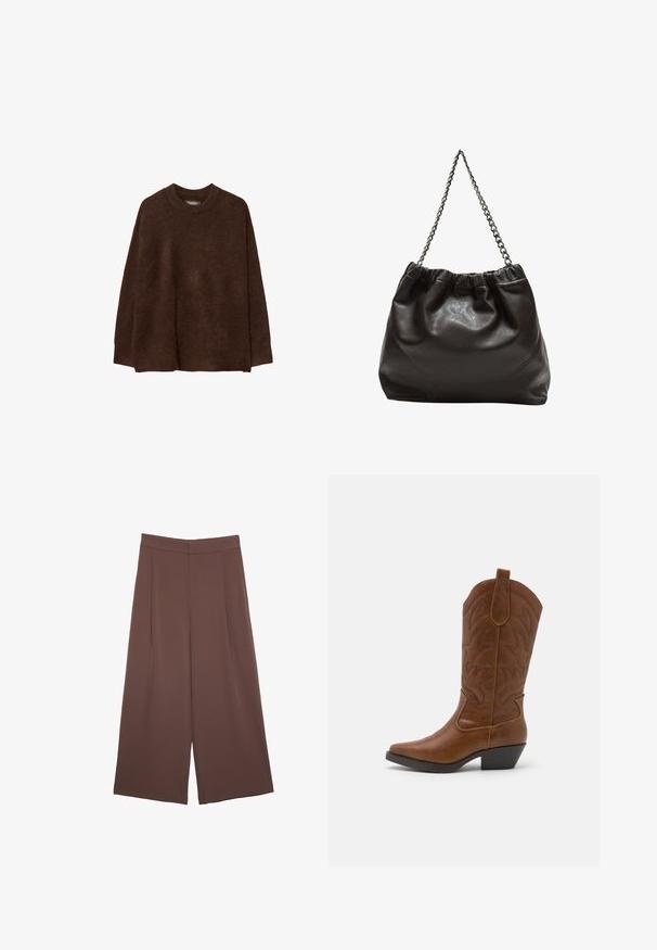 Rjav pleten pulover z okroglo ovratnico, spuščeni rameni in sproščenim krojem. Tekstura se zdi mehka in puhaste, kar povečuje toploto.; Rjave široke hlače z gladko teksturo, ki imajo visok pas in sprednje naborke. Tkanina je lahka in prosto pada.; ONLY SHOES ONLBRONCO - Škornji v kavbojskem/motorističnem slogu - brown; Rjava usnjena torba z nabranim vrhom in verižnim trakom. Gladka tekstura z sijajno površino in subtilnimi šivi na straneh.