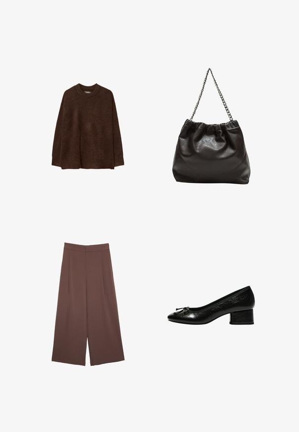 Hnědý pletený svetr s kulatým výstřihem, spadlými rameny a uvolněným střihem. Textura vypadá měkce a huňatě, což zvyšuje teplo.; Hnědé široké kalhoty s hladkou texturou, vysokým pasem a předními záhyby. Materiál je lehký a volně splývá.; Černé lakované lodičky s kulatou špičkou, malým blokovým podpatkem a mašlí na přední části. Hladký povrch s lesklým finišem.; Hnědá kožená taška se sbíraným vrškem a řetízkovým popruhem. Hladký povrch s lesklým finišem a jemným švem na bocích.