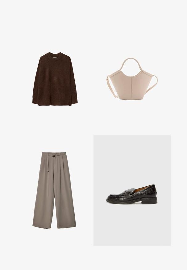 Bruin gebreid sweater met een ronde hals, verlaagde schouders en een relaxte pasvorm. De textuur lijkt zacht en pluizig, wat de warmte versterkt.; Wijd nietenbroeken van een zachte, gedempte grijze stof, met een ceintuur in de taille en plooien voor extra ontwerpelementen. Gladde textuur, geen patronen.; Billi Bi Instappers - espresso; Beige leren handtas met een unieke vorm, voorzien van twee korte handvatten en een lange verstelbare schouderriem. Glad oppervlak met minimale hardware.