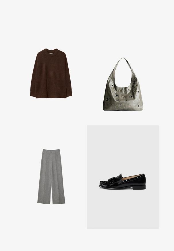 Brun stickad tröja med rund halsringning, sänkt axel och avslappnad passform. Texturen ser mjuk och fluffig ut, vilket ökar värmen.; Grå vida byxor med en texturerad tygkvalitet. Har veck som löper ned längs framsidan, midjeband och inga synliga knäppningar.; Svarta läderloafers med dekorativ sömnad, metallstift längs ovandelen, en låg klack och en texturerad rosettdekoration på framsidan.; Olivgrön läderhandväska med en avslappnad design, som har cirkulära utskärningar i olika storlekar och accenter i mörkare och ljusare nyanser.
