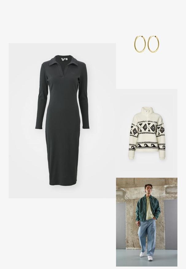 Pulover od flisa u krem boji s crnim tribalim uzorcima. Ima ovratnik s polu-zipom i dugačke rukave. Mekana tekstura i opušteni kroj.; Crna dugorukava rebrasta haljina s polo kragnom i prorezom na dnu. Ima suptilan logotip na prsima. Elegantnog je kroja i prilagođena figuri.; Zelena bomber jakna preko svijetložutog polo majice, uparenih s labavim plavim trapericama i bijelim tenisicama. Glatki materijali, opušteni kroj, minimalna dodatna oprema.; Zlatne metalne hoop naušnice s glatkom završnom obradom, okruglog oblika i sigurnim kopčanjem. Polirana površina bez vidljivih uzoraka ili akcenata.