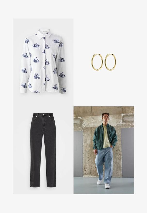 Kreemivärviline fliispullover mustade tribaalmustritega. Omab pooltõmblukuga kaelust ja pikki varrukaid. Pehme tekstuur ja mugav lõige.; Valge linane särk, millel on sinine lilleline print, nööbiga esiosa ja klassikaline kaelus, pikkade varrukate ning mansetiga randmed.; Kolm t-särki mentool verdes, mustas ja beežis; ribakangast, ümmarguse kaelusega ja ilma varrukateta. Brändi silt on nähtav.; Sirged mustad teksapüksid kõrge vöökohaga, esi-nupp ja tõmblukk, viie taskuga stiil valgel taustal.; Roheline bomber jaki kerge kollase polo peal, koos laia sinise teksapükste ja valgete tossudega. Siledad kangad, mugav istuvus, minimaalne riistvara.; Kuldmetallist rõngas kõrvarõngad siledapinnaga, ringikujulised ja kindla kinnitusega. Poleeritud pind, ilma nähtavate mustrite või aktsentideta.