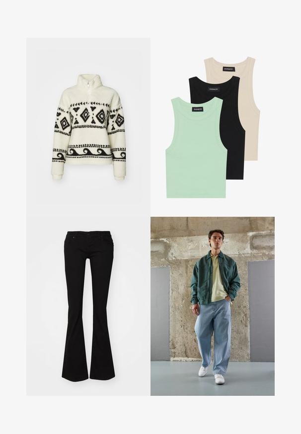 Pulover od flisa u krem boji s crnim tribalim uzorcima. Ima ovratnik s polu-zipom i dugačke rukave. Mekana tekstura i opušteni kroj.; Tri majice bez rukava u boji mente, crnoj i bež boji; izrađene od rebraste tkanine s okruglim izrezom. Vidljiva oznaka branda.; Crne široke traperice s patent-zatvaračem, pet džepova i uskim strukom koji se širi u okrugli rub na gležnjevima.; Zelena bomber jakna preko svijetložutog polo majice, uparenih s labavim plavim trapericama i bijelim tenisicama. Glatki materijali, opušteni kroj, minimalna dodatna oprema.