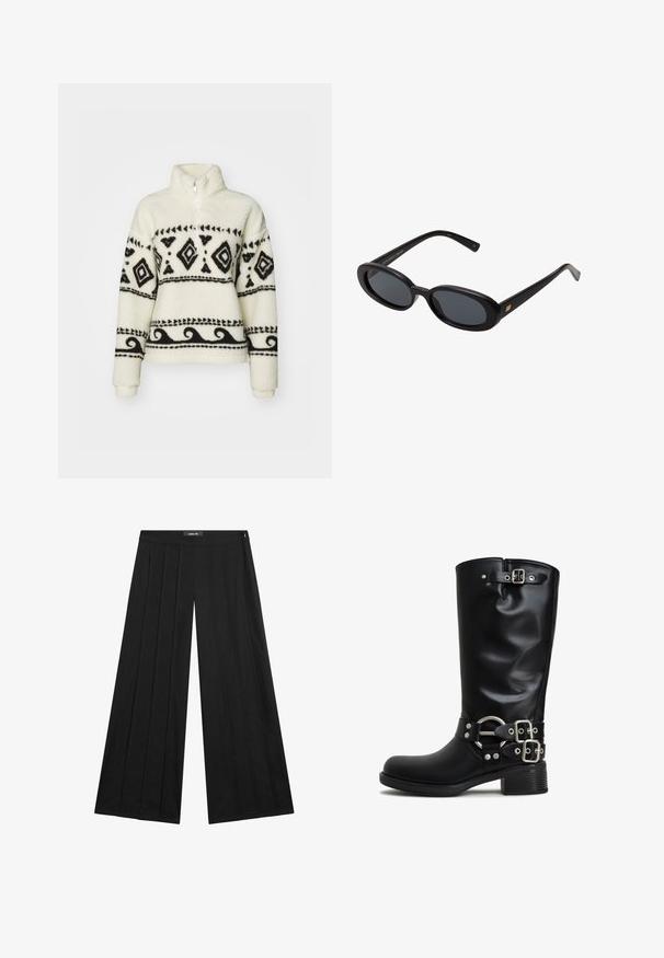 Fleece pullover in crèmekleur met zwarte tribale patronen. Voorzien van een halve rits kraag en lange mouwen. Zachte textuur en een relaxte pasvorm.; Zwarte wijde broek heeft een hoge tailleband met plooien, een soepele textuur en een minimalistisch ontwerp. Ritsluiting aan de zijkant.; Zwarte kniehoge laarzen gemaakt van glad synthetisch materiaal. Voorzien van zilverkleurige gespen en een accentring. Stevige vierkante hak.; Zwarte oversized zonnebril met ovale lenzen, een glad plastic montuur en gouden accenten op de pootjes. Donkere lenzen bieden bescherming tegen de zon.