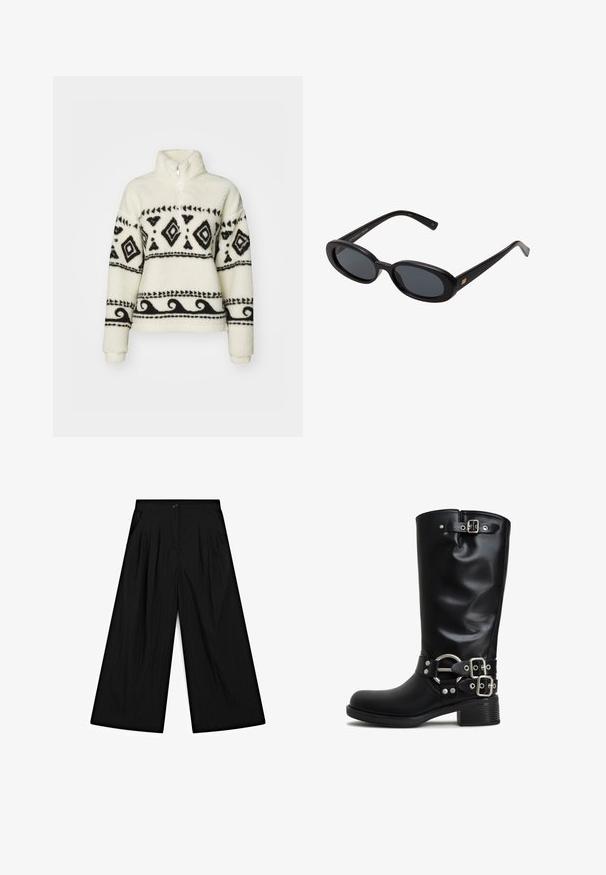Polarowy półgolf w kremowym kolorze z czarnymi wzorami tribalnymi. Posiada zamek błyskawiczny do połowy kołnierza i długie rękawy. Miękka tekstura i luźny krój.; Massimo Dutti - Spodnie materiałowe; Czarne kozaki do kolan wykonane z gładkiego materiału syntetycznego. Posiadają srebrzyste klamry i akcentowy pierścień. Gruby kwadratowy obcas.; Czarne, oversize okulary przeciwsłoneczne z owalnymi soczewkami, gładkim plastikowym mostkiem i złotymi akcentami na zausznikach. Ciemne soczewki zapewniają ochronę przed słońcem.; Czarna skórzana torebka na ramię z jedną regulowaną rączką, prostokątnym kształtem, przednią kieszenią na zamek oraz subtelnym teksturowanym wykończeniem.